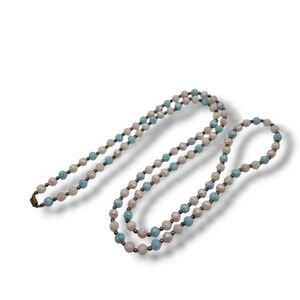 Vtg Blue White Pink Flower Beaded Necklace W/Gold Tone Beads & Box Clasp 52"